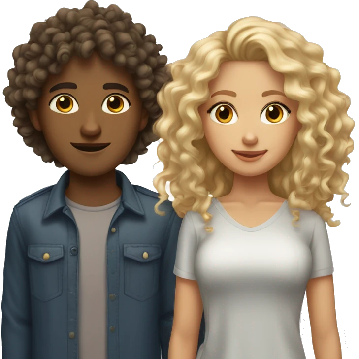 Tan skin curly hair girl with brown eyes with blonde guy with grey eyes emoji