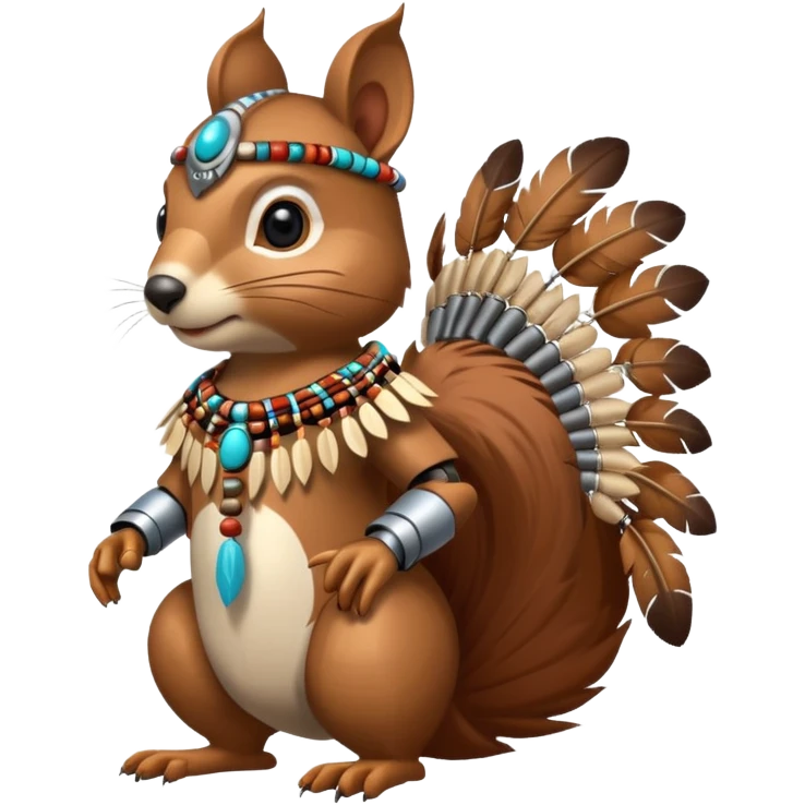 Full Robotic squirrel wearing native American regalia with feathers and beads emoji