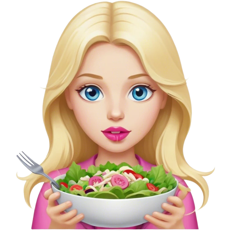 Cinematic realistic blonde with long hair, blue eyes and pink lips eats salad emoji