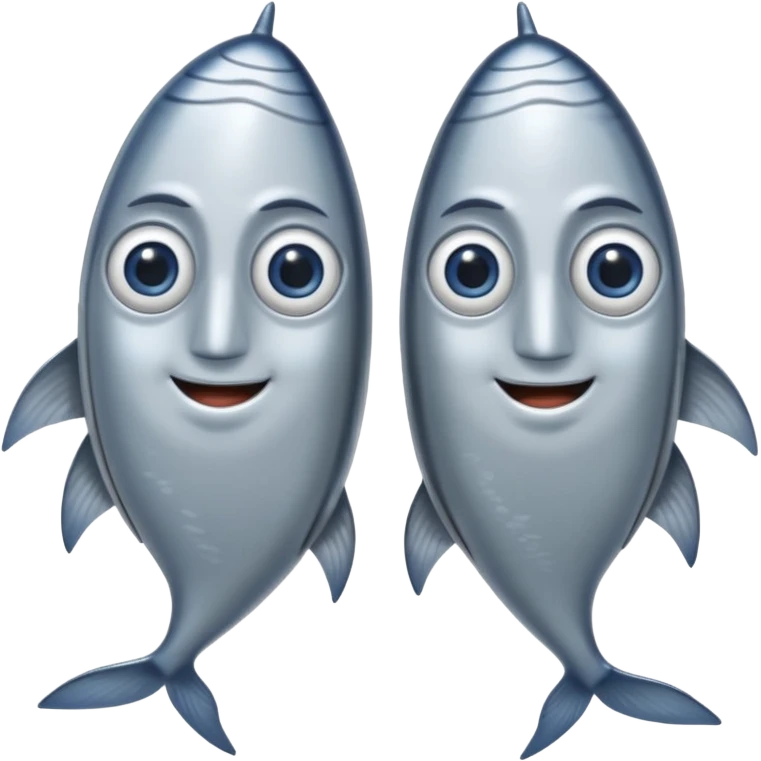 two whole sardines side by side, silvery skin, blue-gray, fine scales, slim elongated bodies, pointed heads, visible eyes, curved tails, soft lighting, emoji scale emoji