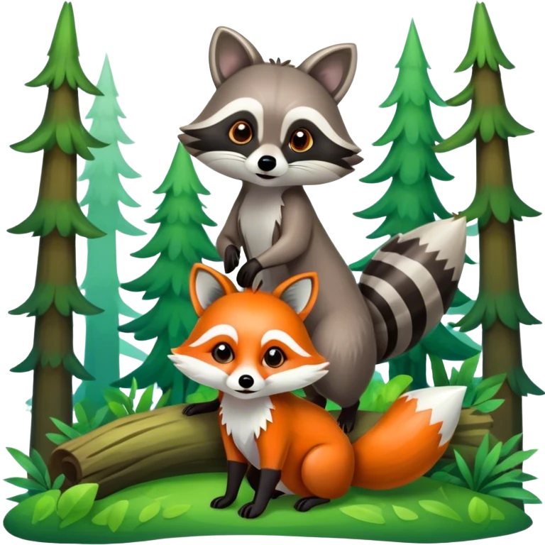 raccoon and a fox in a colorful forest with vibrant green trees, bushes and flowers. The animals are in the foreground, surrounded by a lush, bright forest, with soft sunlight filtering through the leaves. A playful and wild scene with a transparent background. emoji