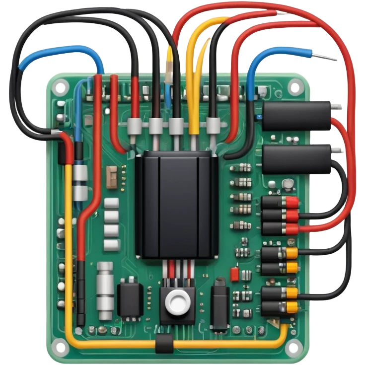 An icon featuring a circuit board, electrical wires, symbolizing electrical engineering. The design includes resistors, capacitors, and a power transformer, representing the study of electrical systems and innovation. Transparent background highlights modern electrical technology emoji