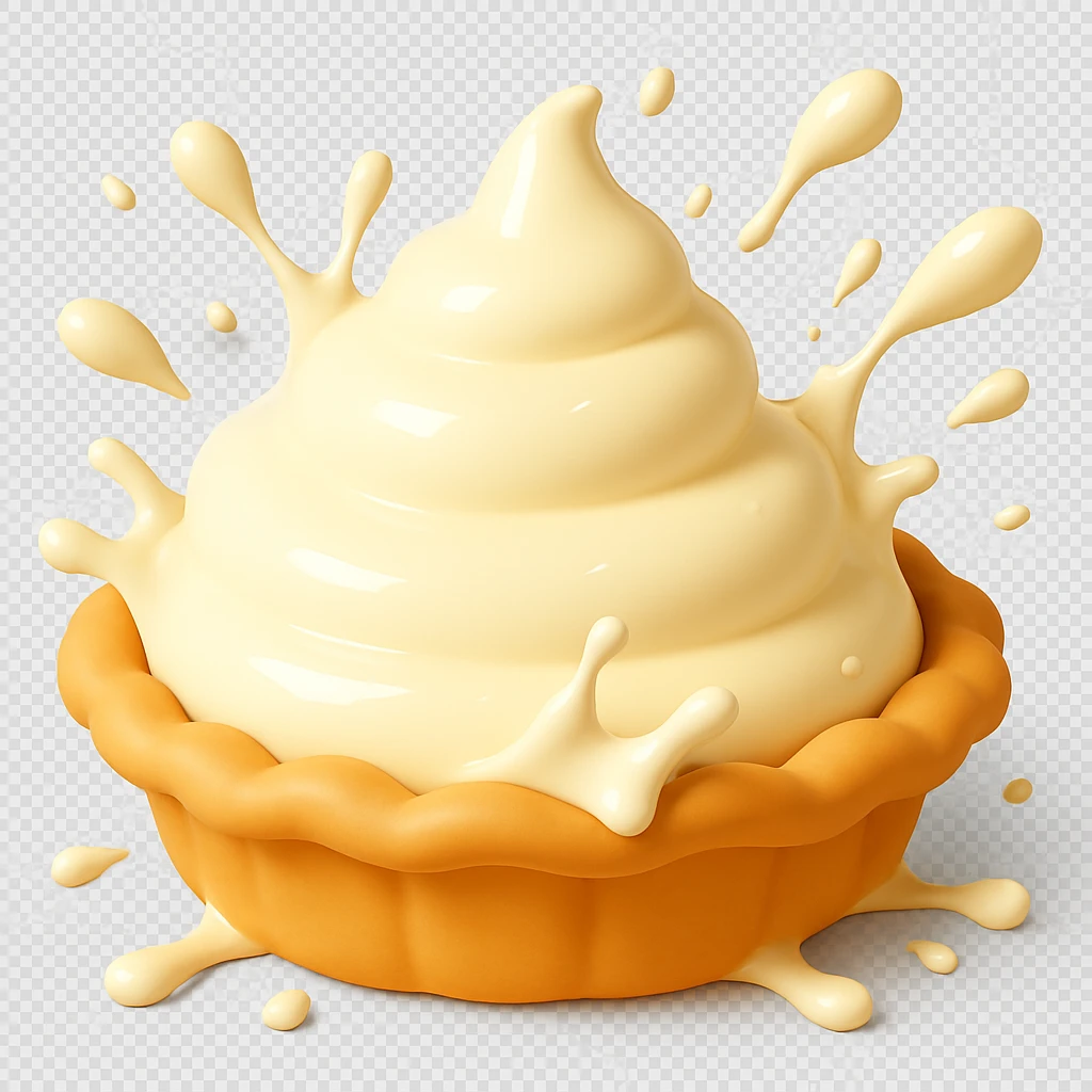 Frame 12 of 15: Cream pie with cream splatter starting to form around the pie, playful 3D emoji style, golden brown crust, same angle as reference emoji