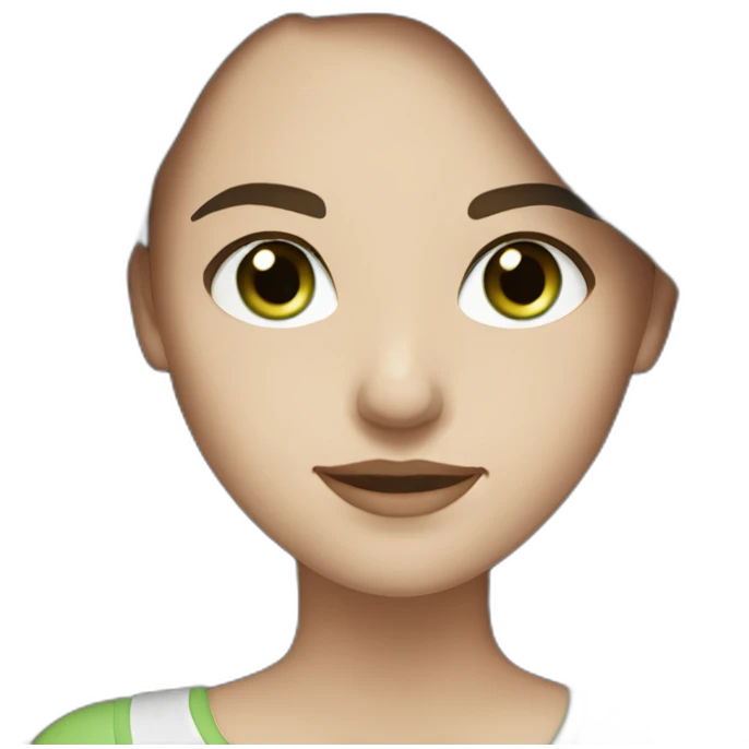 White woman who wears black, has dark brown long hair, light green eyes and freckles emoji