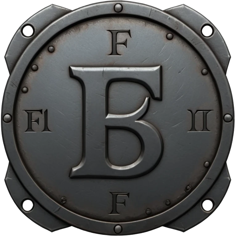 Minimal emoji, gothic metal coin made of black steel, engraved number f at the center, ancient industrial aesthetic, worn metal texture, no glow, no neon, flat emoji design, centered, transparent background emoji