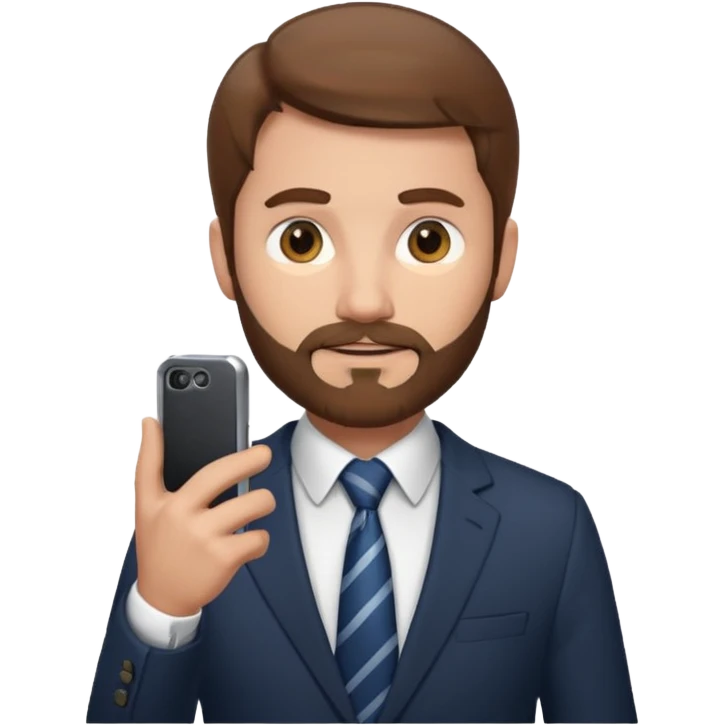 Un hombre con un poco de barba,  de traje con tez clara pelo color castaño, vestido con traje camisa y corbata y celular en mano .  emoji