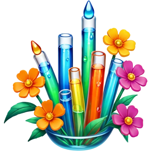 Create an icon that represents decorative arts using epoxy resin. The design should feature colorful tubes of resin, including fluorescent resin tubes, with visible drops or strokes of resin being applied to create intricate designs. Include finished resin jewelry pieces, such as pendants or rings, containing preserved flowers and insects encased in clear resin. The composition should feel vibrant, artistic, and delicate, showcasing the unique beauty of resin art with natural elements. The background should be transparent emoji