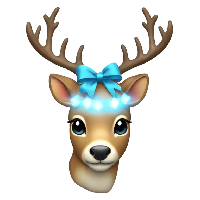Deer with 8 warm white lights on antlers  blue bow  emoji