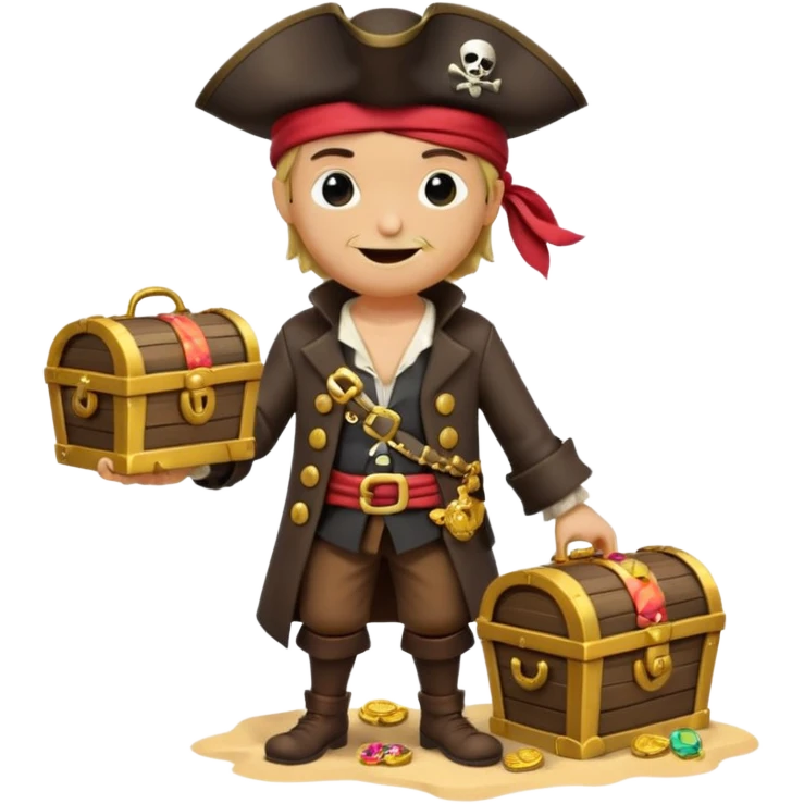 A 3D cartoon pirate character with one eye covered by a black eye patch, holding a treasure chest filled with gold coins and jewels, standing on sandy ground, wearing a pirate hat and coat, warm sunset lighting, realistic Memoji-style rendering. emoji