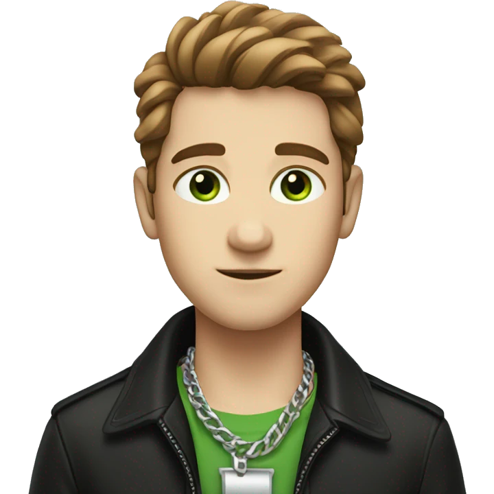 Brown luscious hair for a boy with a black jacket and silver chain across neck, green eyes emoji