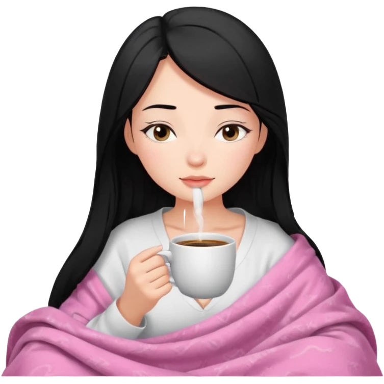 black haired girl inside a pink blanket sipping coffee with eyes closed and lashes emoji