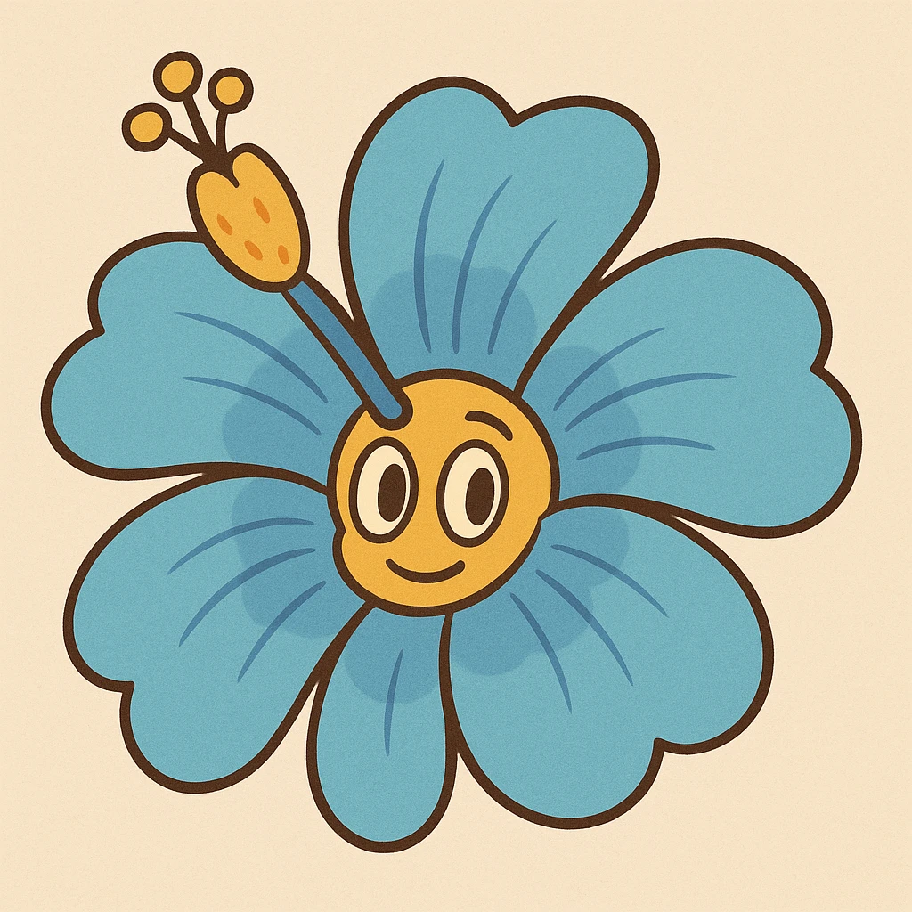 cartoon style blue Hawaiian flower with yellow center, soft lines and bright colors emoji