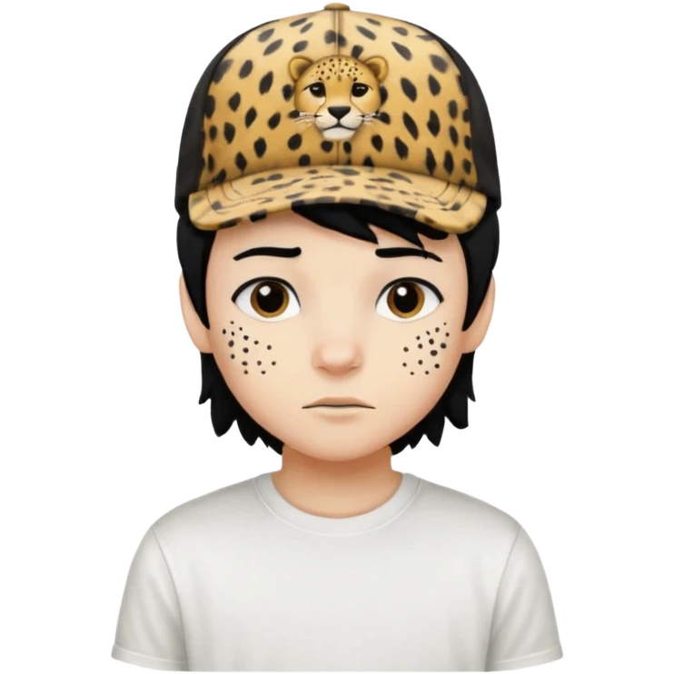 Boy with black hair and a cap that has the phrase #jimmy written on it with cheetah print texture, and white shirt emoji emo emoji