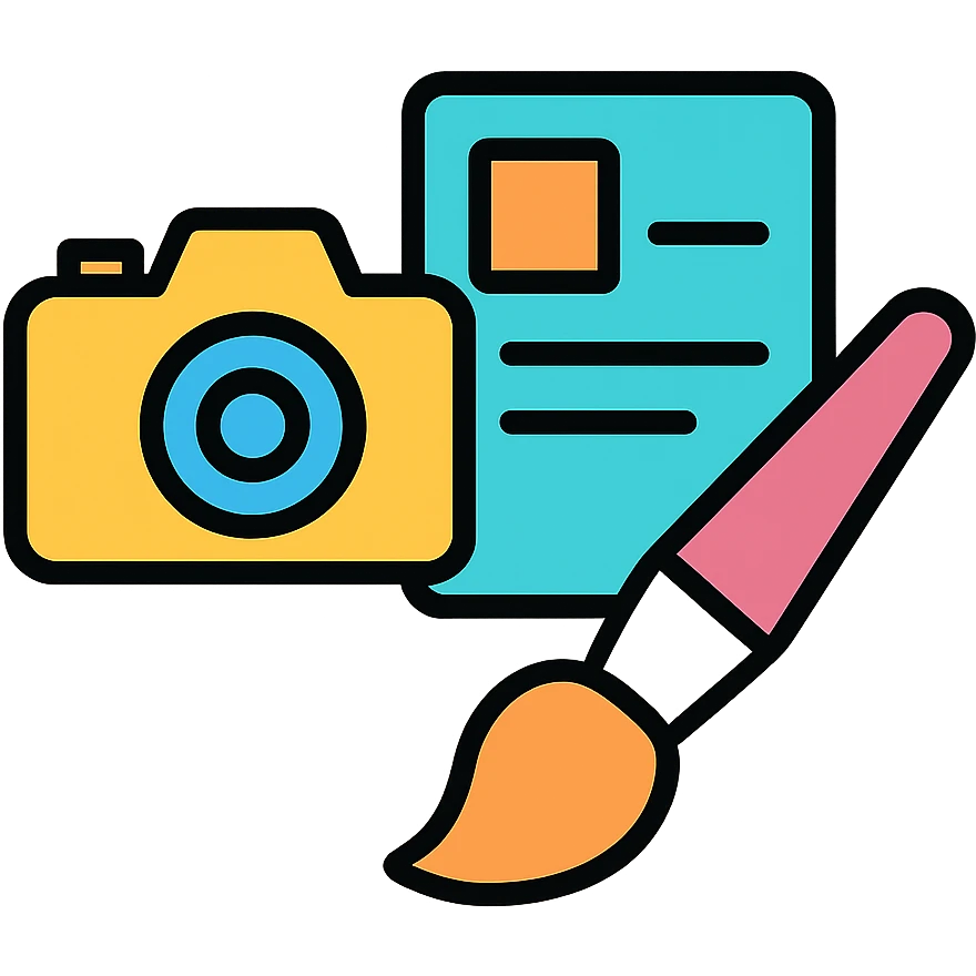Content creation icon with camera, document, and paintbrush showing multimedia content production emoji