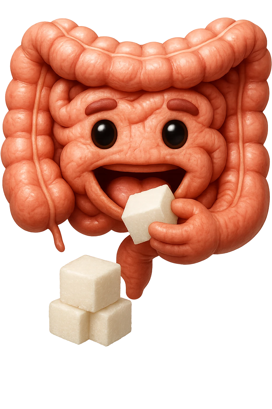 emoji stile iphone di un intestino anatomico che mangia zollette di zucchero, iperrealistico 4k, isolato su sfondo bianco emoji