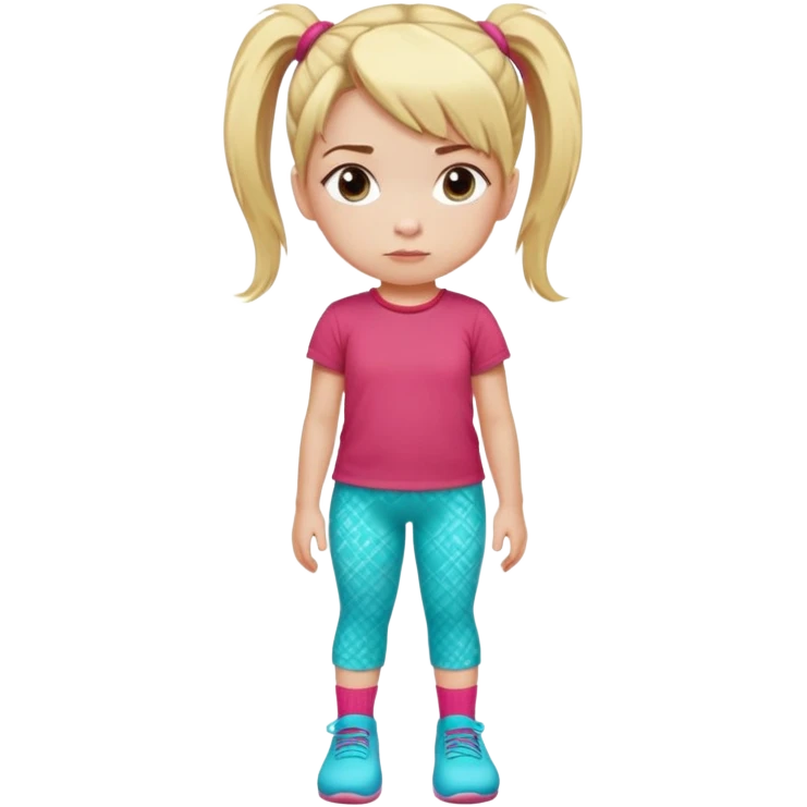 Little girl with blonde hair in ponytail with pink hair tie, wearing red t-shirt and turquoise patterned pants, light socks, serious facial expression emoji