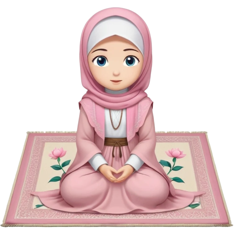 Turkish beautiful finish Konya muslim girl blue eyes with powder pink color flower hijab long tail dress and sits on the pray mat namaz on the ground with dua  emoji