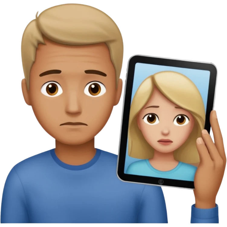 A man looking at a picture of his girlfriend but sad cause he’s missing her  emoji