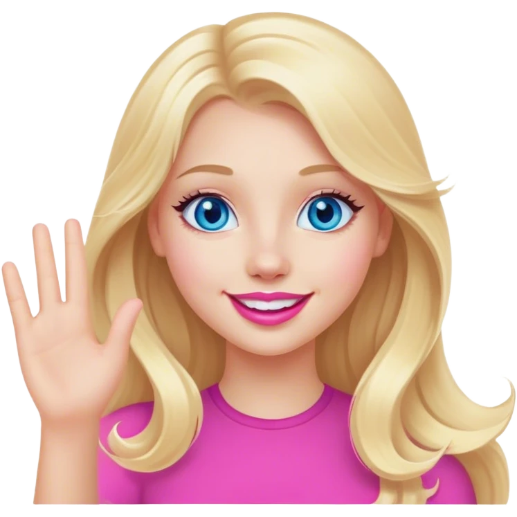 A beautiful blonde girl with long hair, blue eyes, pink lips and a sweet smile  arm hello emoji