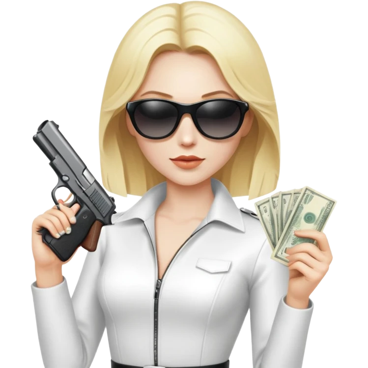 Mafia blondes woman in sunglasses, gun ,money , white costume  emoji