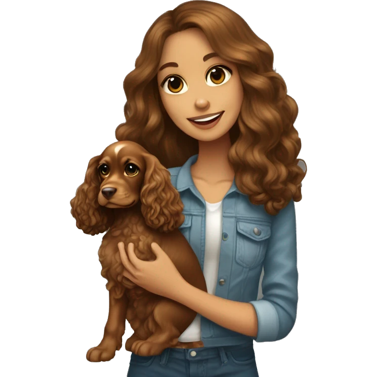 Beautiful stylish girl with brown long hair holding in her arms gold puppy English Cocker Spaniel emoji