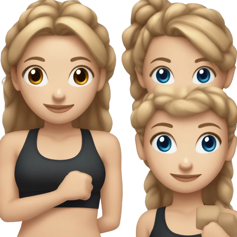 Gym girl lifting weights,light brown hair in a bun blue eyes, smiling wearing black gym leggings emoji