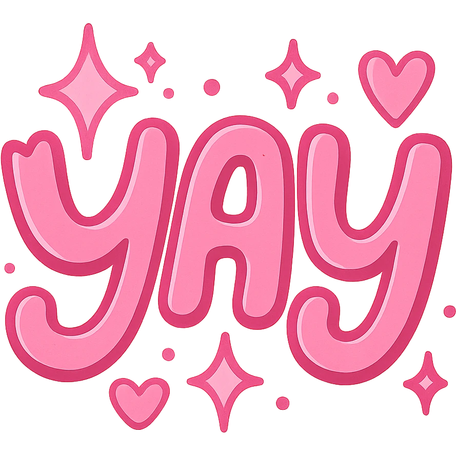 the word 'yay' in a creative, pink-themed style emoji