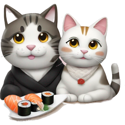 Couple eating sushi sushi sat next to a cat emoji