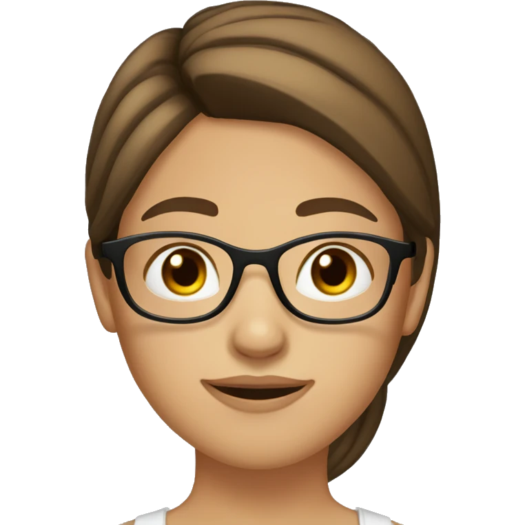 Girl with long straight brown hair, glasses and light thin eyebrows. Brown eyes emoji