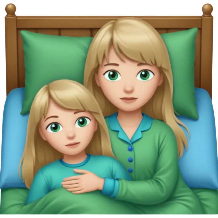 Woman with long dark blond hair and bang woth blue eyes alone in bed  with green pyjama emoji