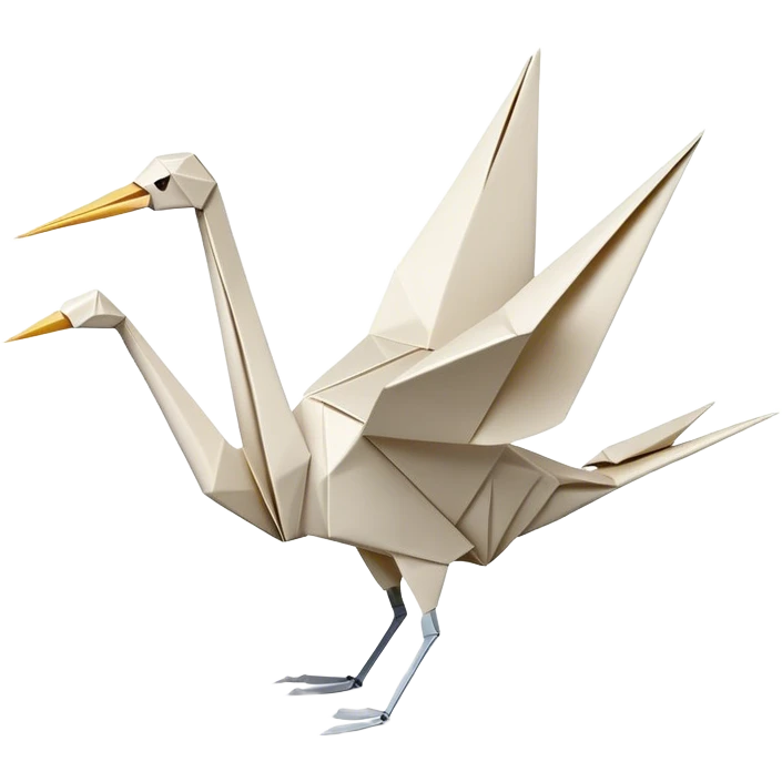 Cinematic Realistic Origami Crane Emoji, featuring a beautifully folded paper crane with crisp, delicate edges and intricate creases. The elegant structure casts soft shadows under warm, natural lighting, with a subtle texture of fine paper enhancing its serene and symbolic presence. emoji