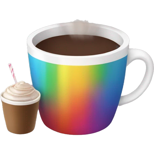 Rainbow coffee cup with hot coco and no face emoji