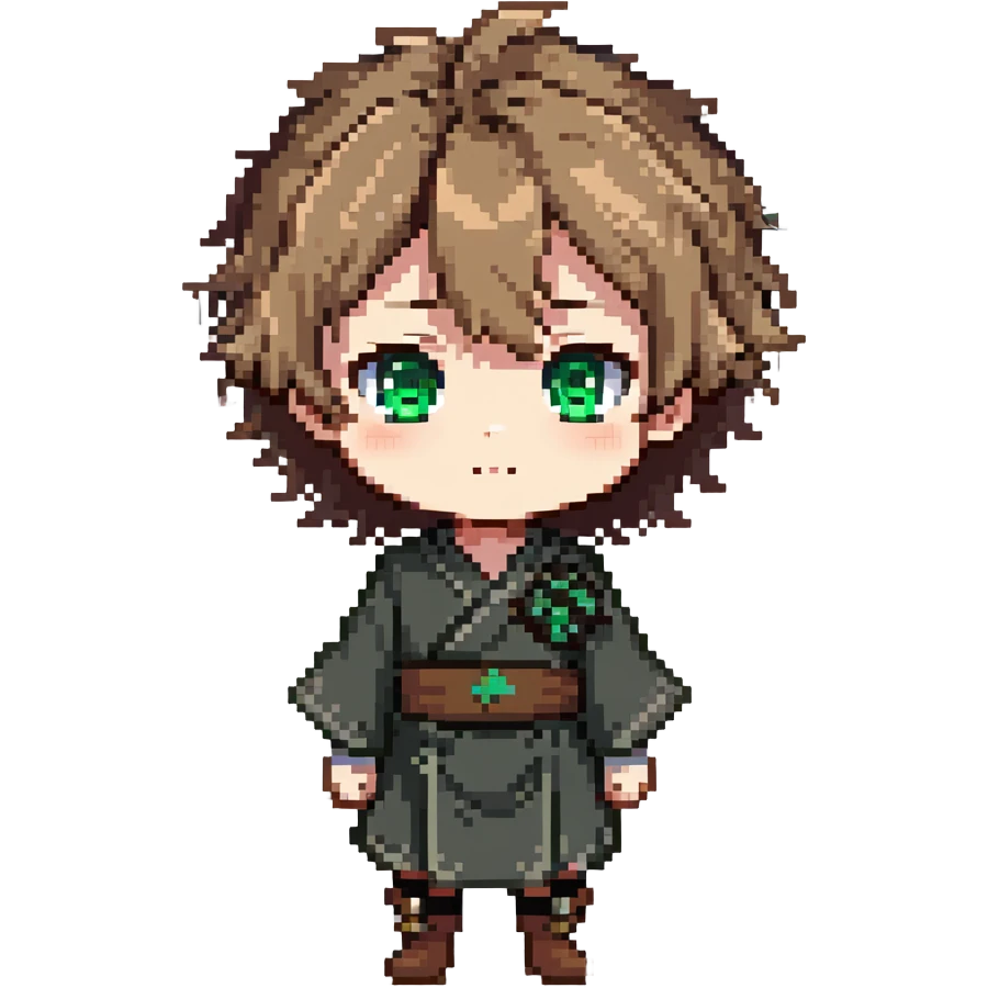 Young Rudeus Greyrat chibi, big green eyes, round face, messy light brown hair, wearing a tunic, cute and curious anime style emoji