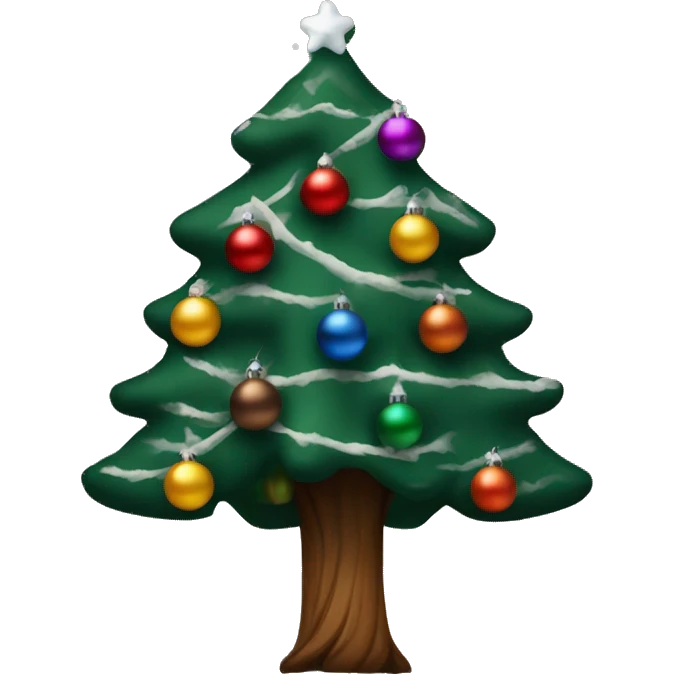 A Christmas tree thwtd dark green with different colored ornaments and snow on the branches with a brown tree trunk  emoji