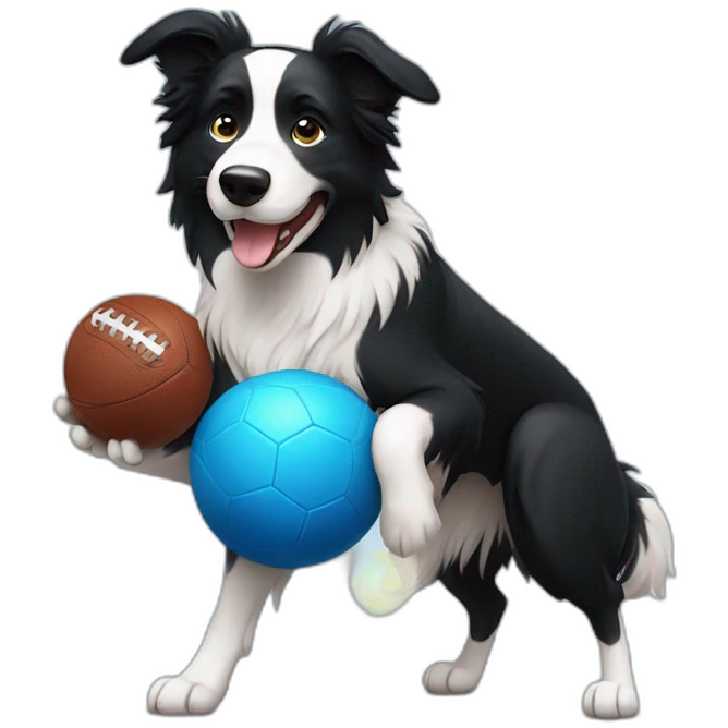 Border collie playing football with blue ball emoji