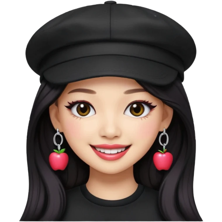 Jennie from Blackpink as an apple style emoji, wearing a stylish hat, bold makeup emoji