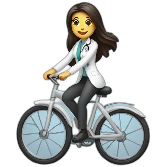 long and dark hair female doctor riding a shiny bicycle emoji