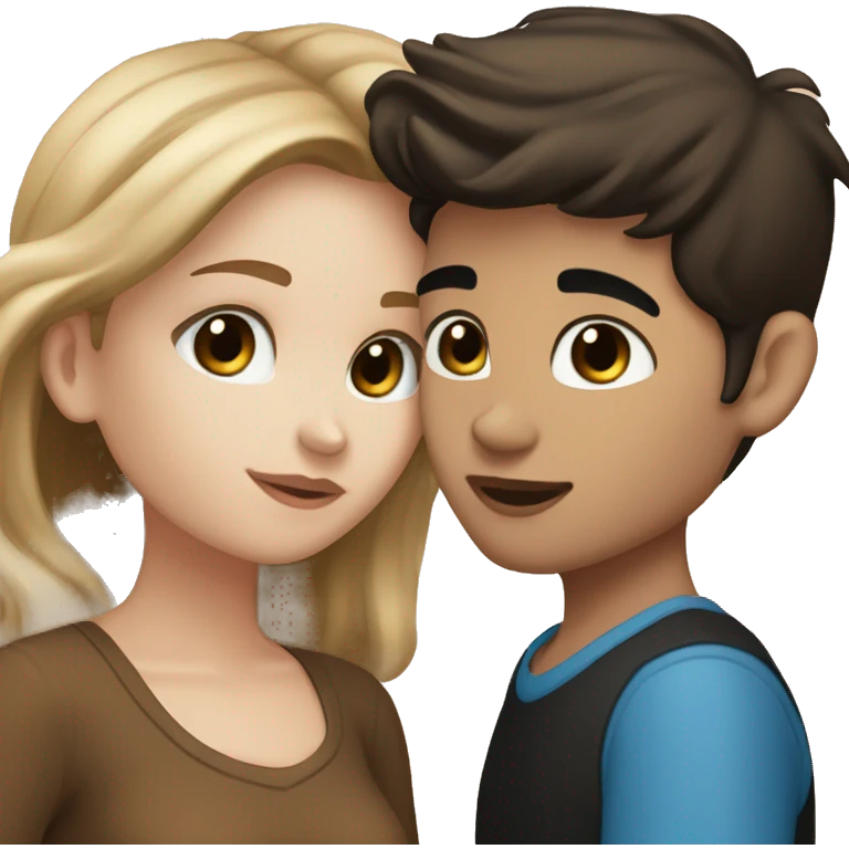white girl with light brown hair and blue eyes kissing a medium skin tone boy with black hair and brown eyes emoji