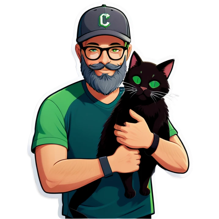 A bold man with a grey baseball cap, green eyes, big beard and glasses hugging a black cat emoji