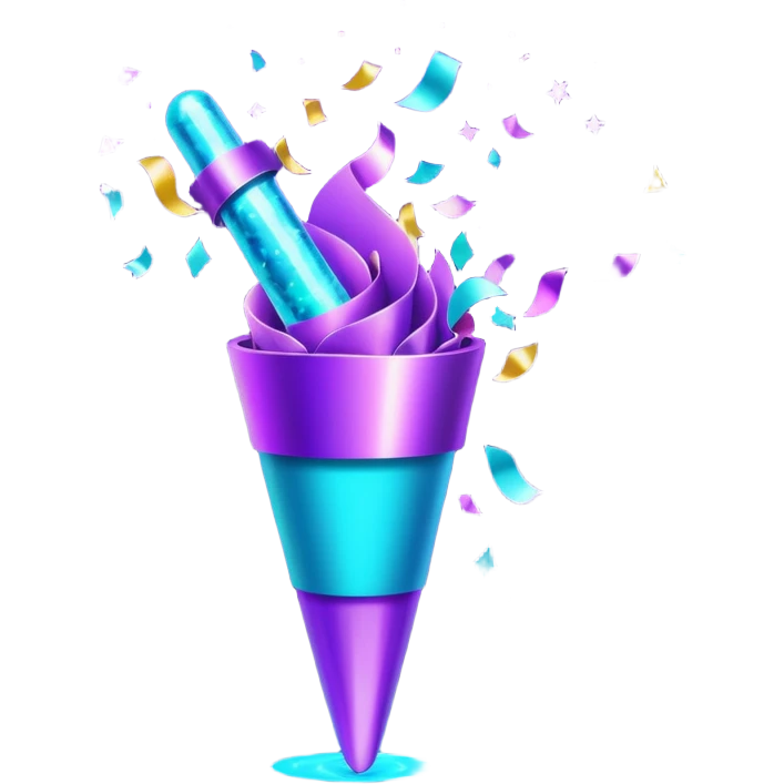 Futuristic glowing confetti popper emoji, holographic purple and cyan colors, emitting confetti and sparkles, dark background, vibrant celebration atmosphere, no face. emoji