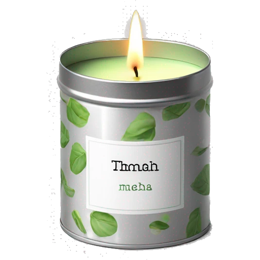 matcha scented candle in a silver tin with a small white label realistic emoji
