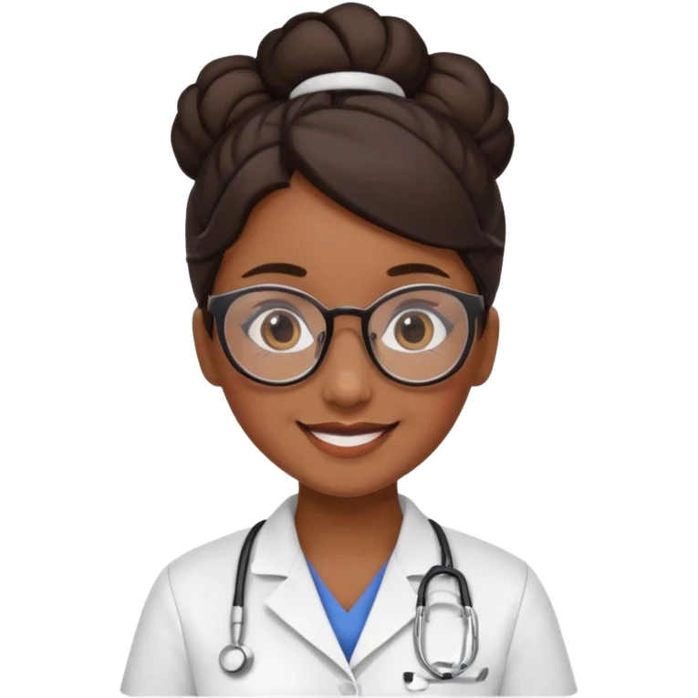 una enfermera escolar con gafas llamativas y un moño pequeño, morena de piel y pelo emoji