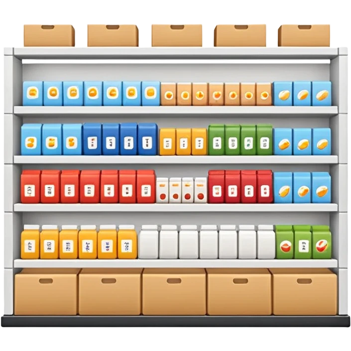 "Minimalist Japanese retail shelf display, products arranged in identical horizontal rows, with multiple units of each item placed directly behind one another, vertically varied by type, clean spacing, precise symmetry, soft neutral lighting, front-facing packages, ultra-detailed." emoji