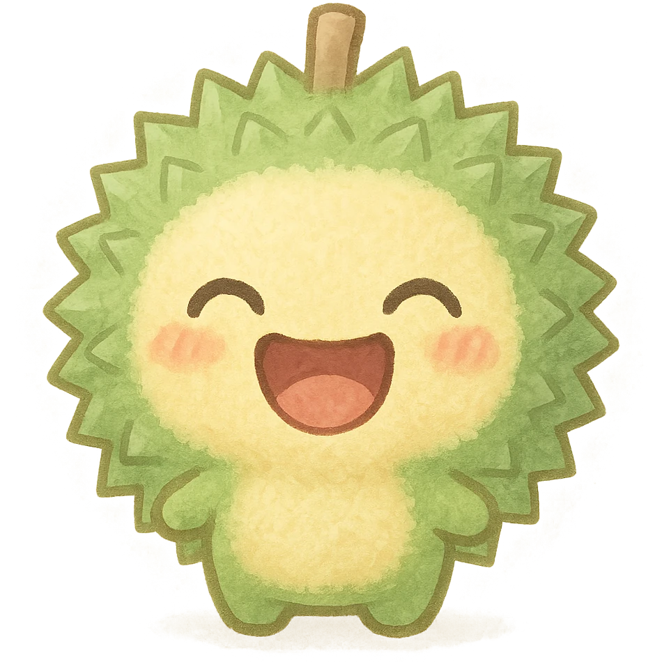 chibi-style round durian character with green spiky shell and yellow flesh, soft fluffy texture, laughing with eyes closed and mouth wide open, soft pastel style, full-body emoji