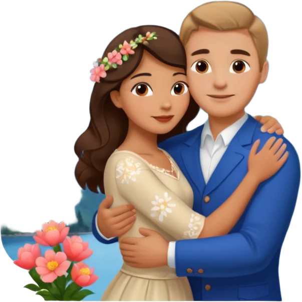 Hugging Couple traveling in Montenegro russian man and elegant  Latina girl delicate flowers and mountains in the background  emoji