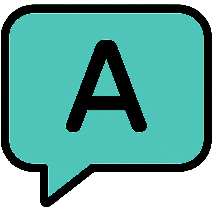 teal chat box bubble with an A for answer, modern icon style, clean and friendly emoji