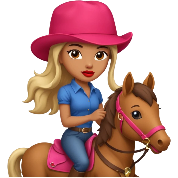 cinematic realistic - a seductive girl rides a pony and wears a huge lipstick on her head emoji