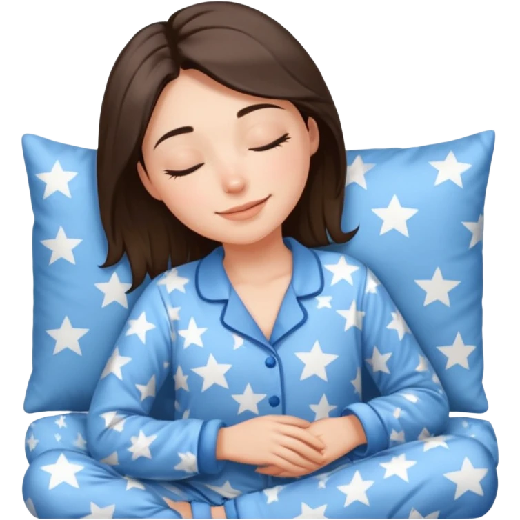 {
      "type": "human",
      "look": "woman in star-print pyjamas, soft blue set, sleepy smile",
      "description": "a woman in soft blue star-print pyjamas smiling sleepily"
    } emoji