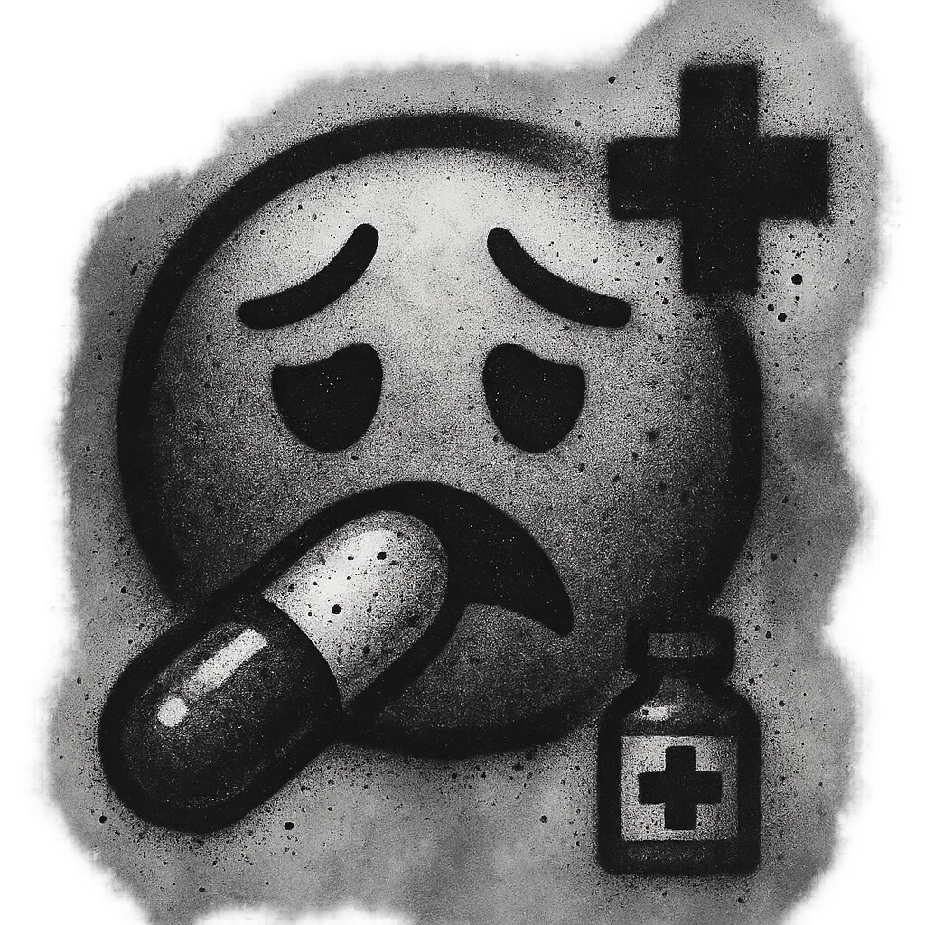 graffiti emoji, medicine theme, humid and foggy atmosphere, monochromatic colors, high contrast, bold and striking spray paint effects, modern style emoji