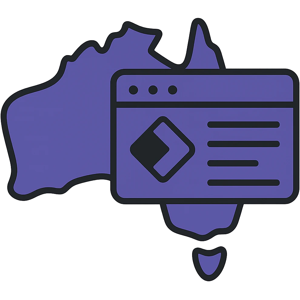Integrate the official Microsoft Power Pages icon prominently into the map of Australia with digital web page overlay, use #403DAD as the main color, keep the modern and techy look, no text emoji